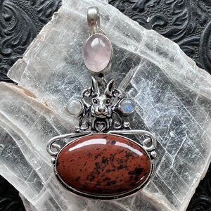Mahogany Obsidian Rainbow Moonstone and Rose Quartz Rabbit Crystal Pendant
